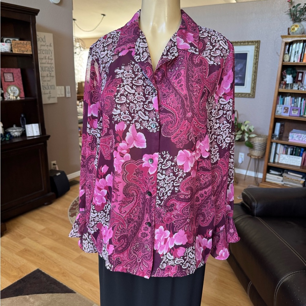 Sag Harbor sheer purple, pink & white long ruffled sleeves blouse/size 16